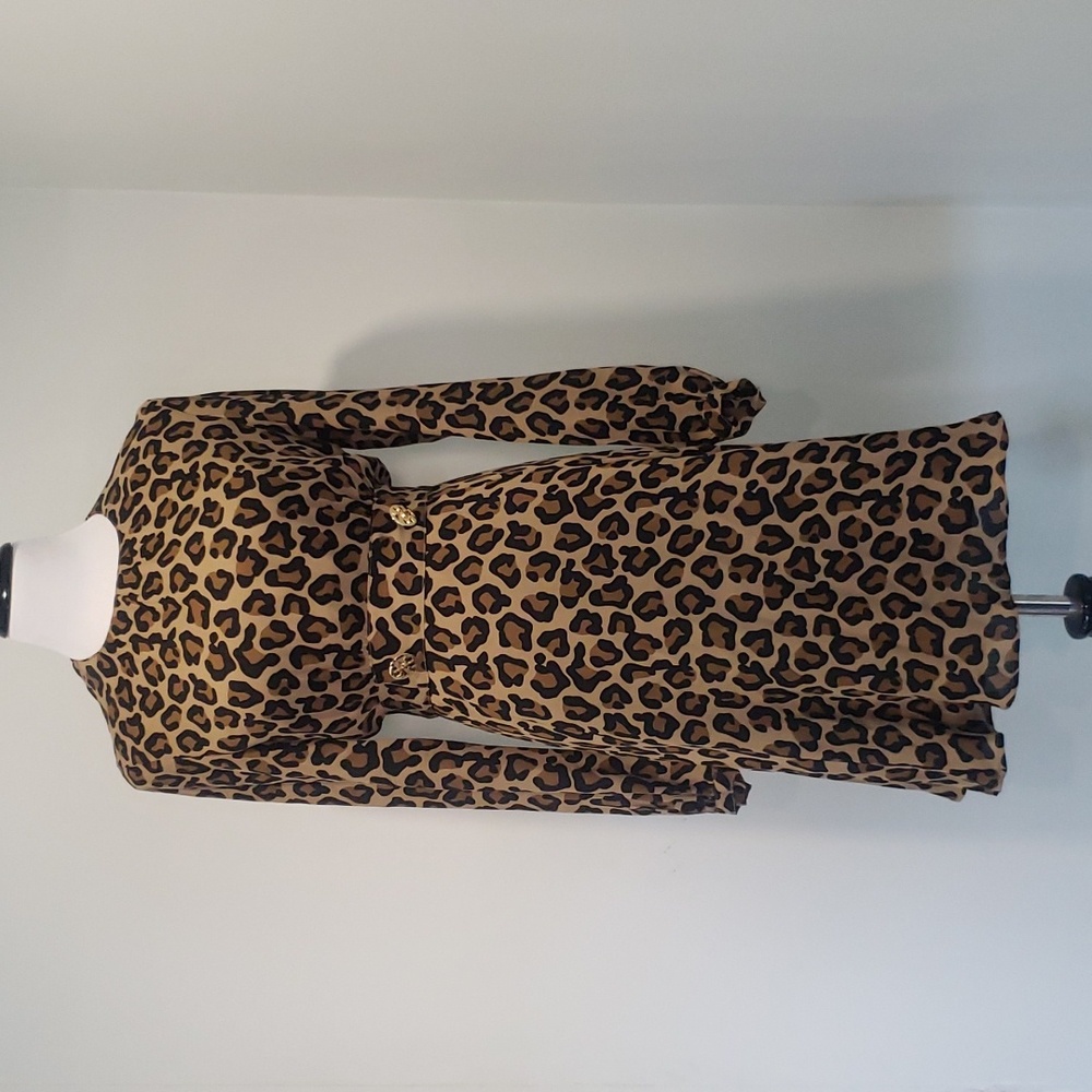 Tory Burch Leopard Print Long-Sleeve Dress in Tan and Black